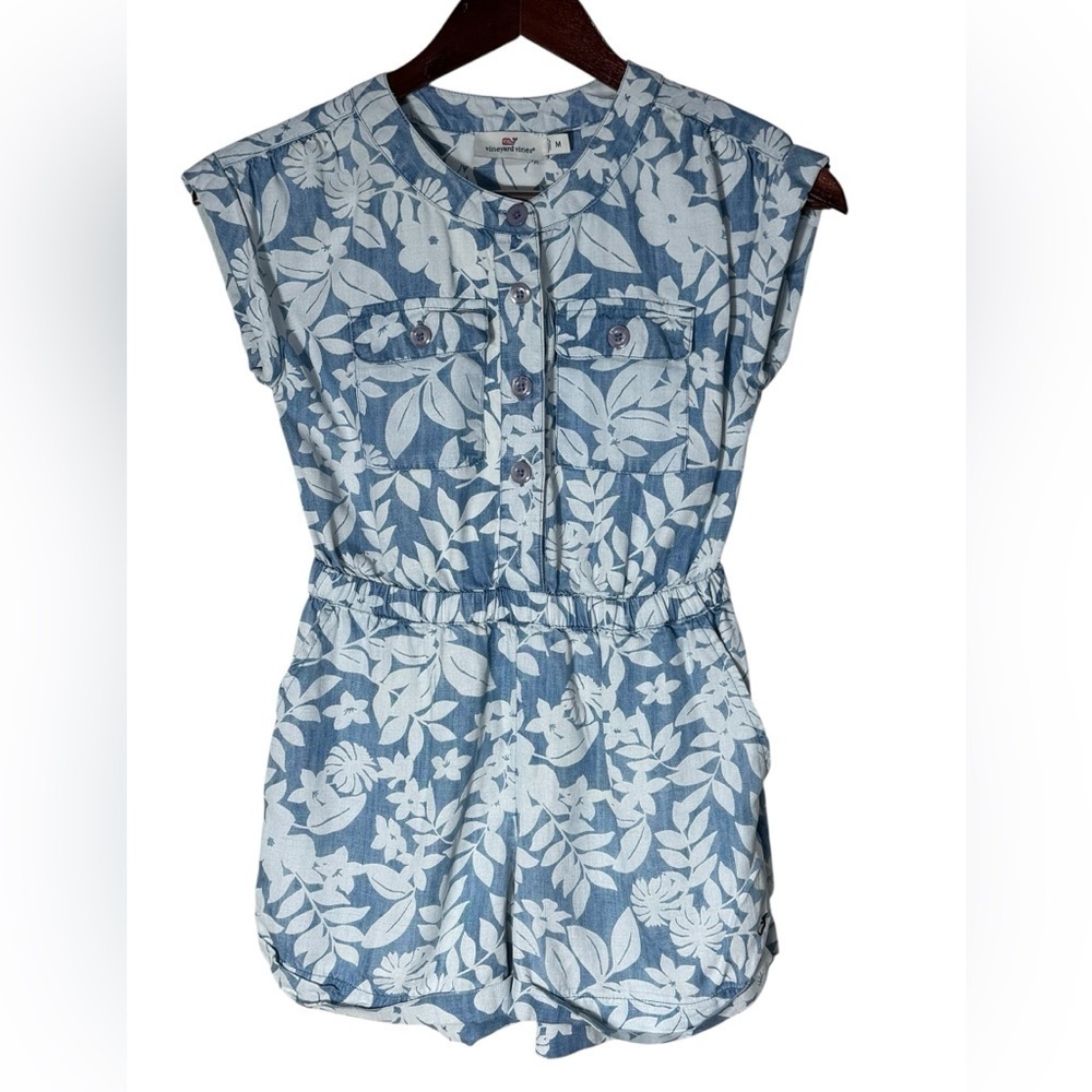 Vineyard Vines Romper Girls M Blue White Floral Chambray Button Elastic Waist